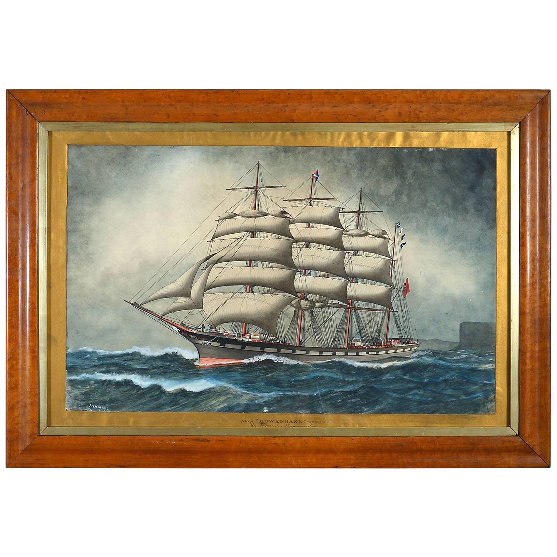 19th Century Victorian Period Watercolor of a Ship, Signed JW Holmes