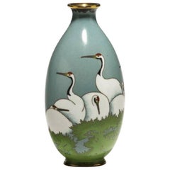 Antique Japanese Cloisonne Vase with Cranes, Meiji Period