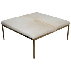 Modern Simple Style Square Ottoman with off White Cowhide and Brass Frame & Legs