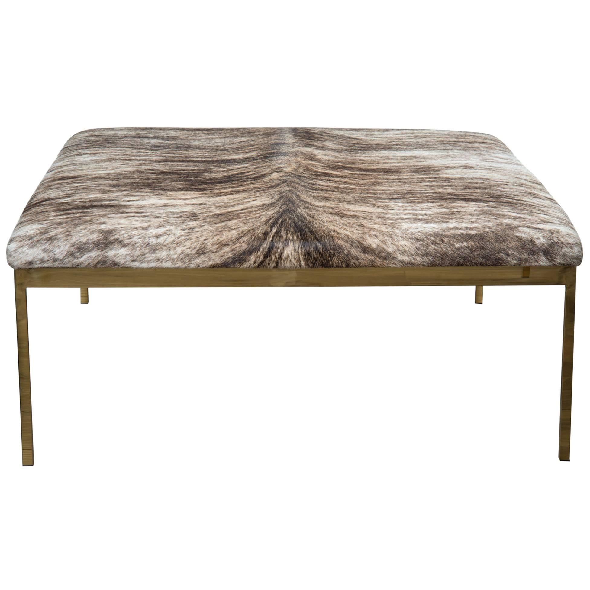 Modern Simple Style Square Ottoman with Brindle Cowhide and Brass Frame and Legs For Sale