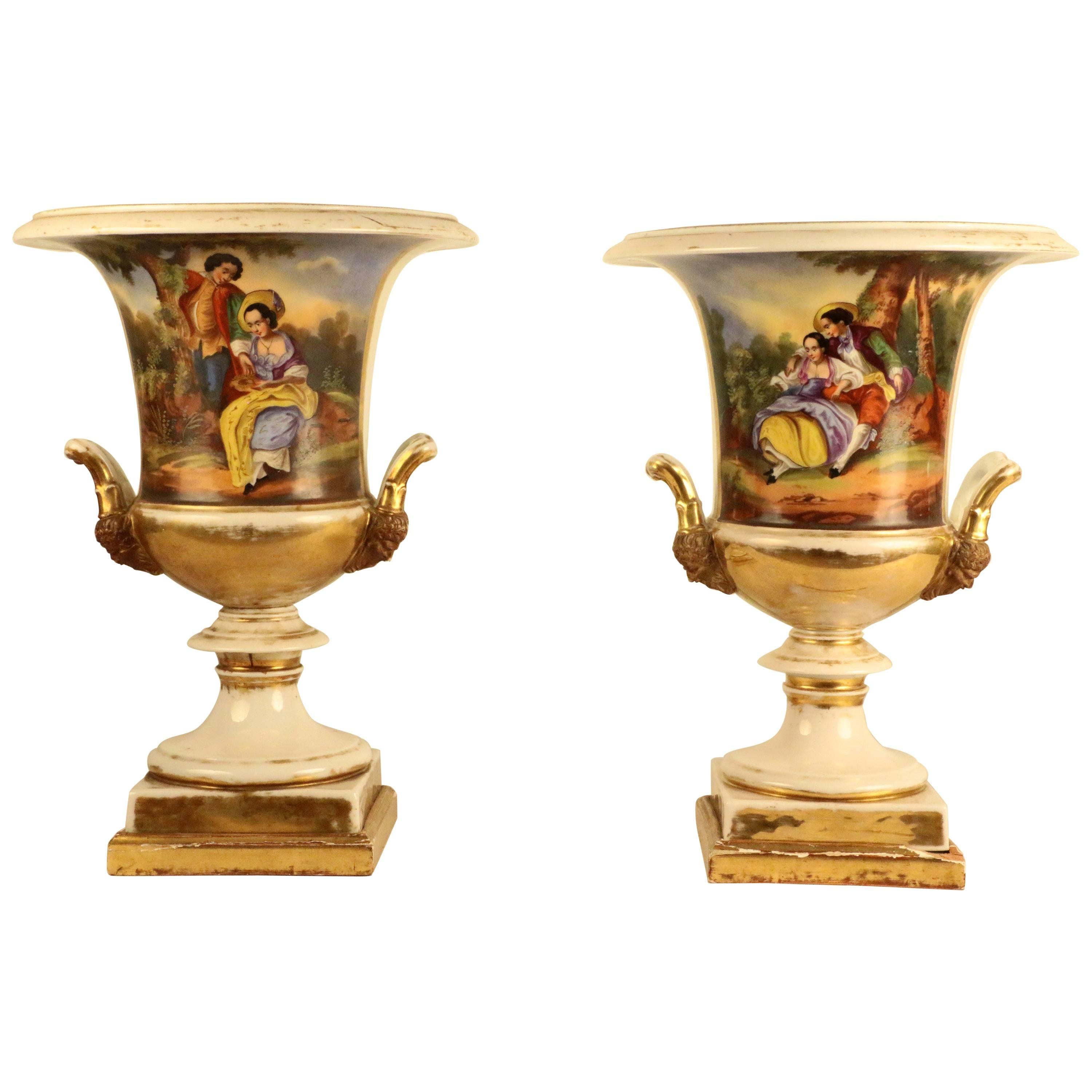 Pair of French Empire Style Porcelain Urns For Sale