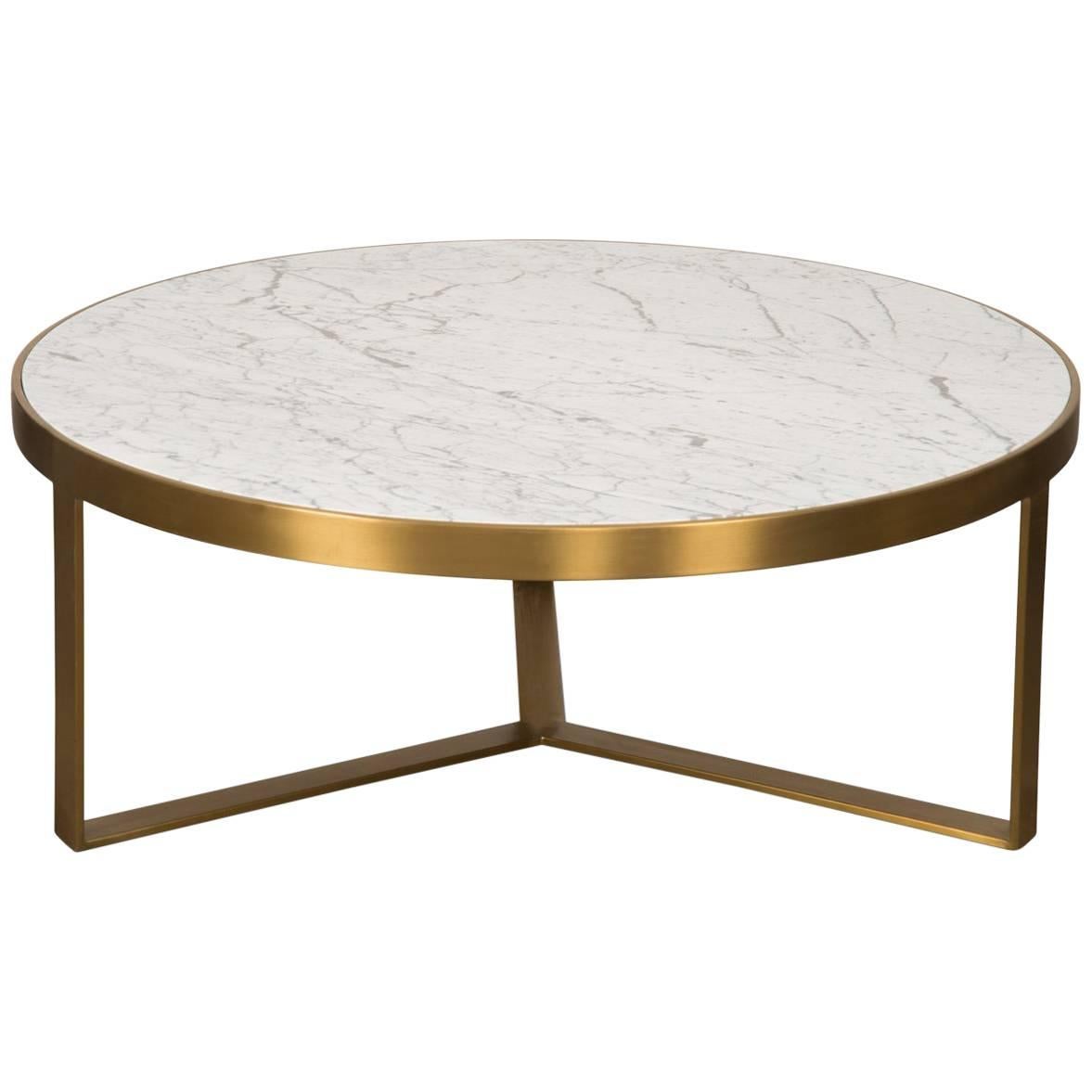 Mid-Century Modern Smooth Finish Round Brushed Brass Carrara Stone Coffee Table  For Sale