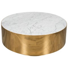 Mid-Century Modern Smooth Finish Round Shiny Brass Carrara Stone Coffee Table