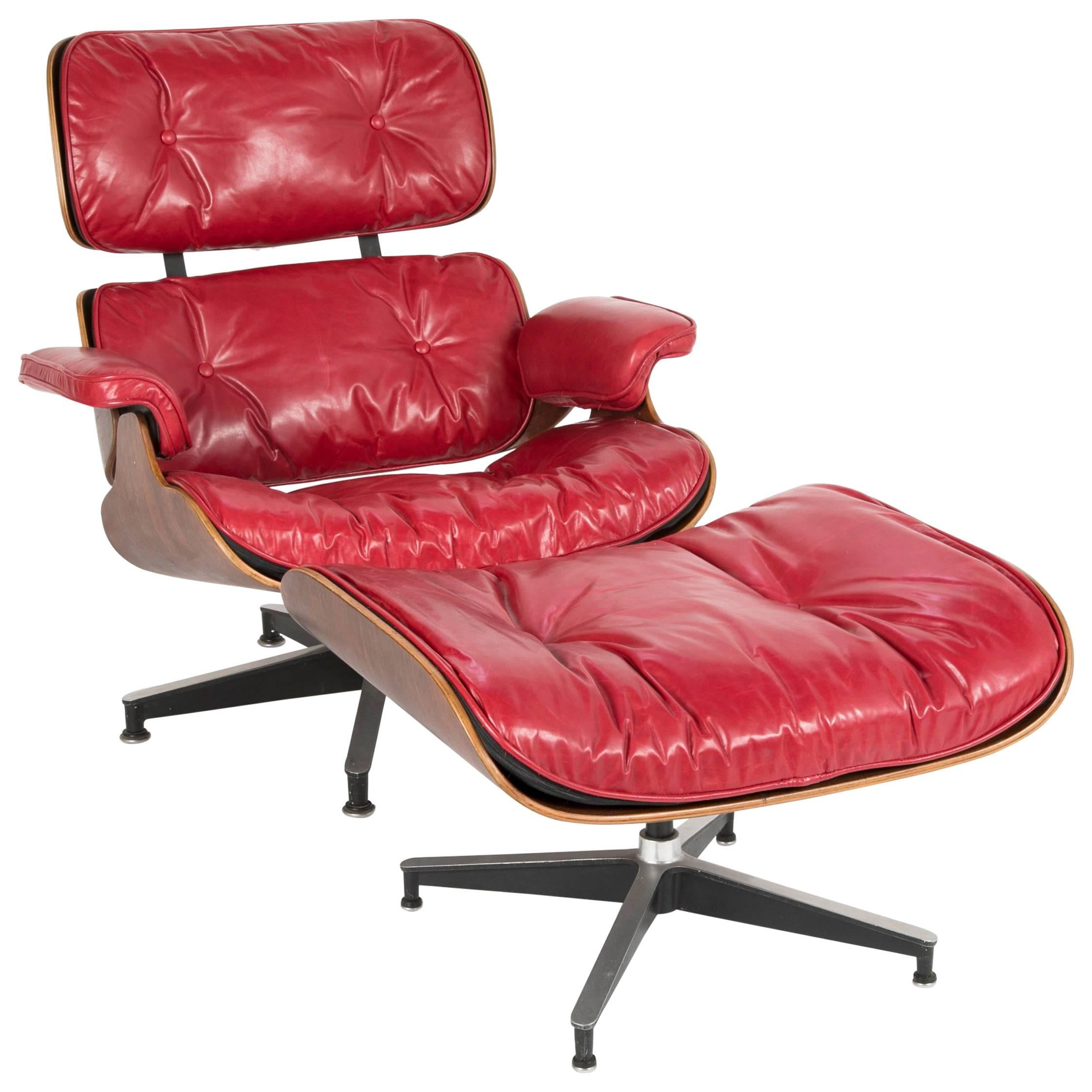 Iconic Rosewood and Red Leather Eames Lounge Chair and Ottoman