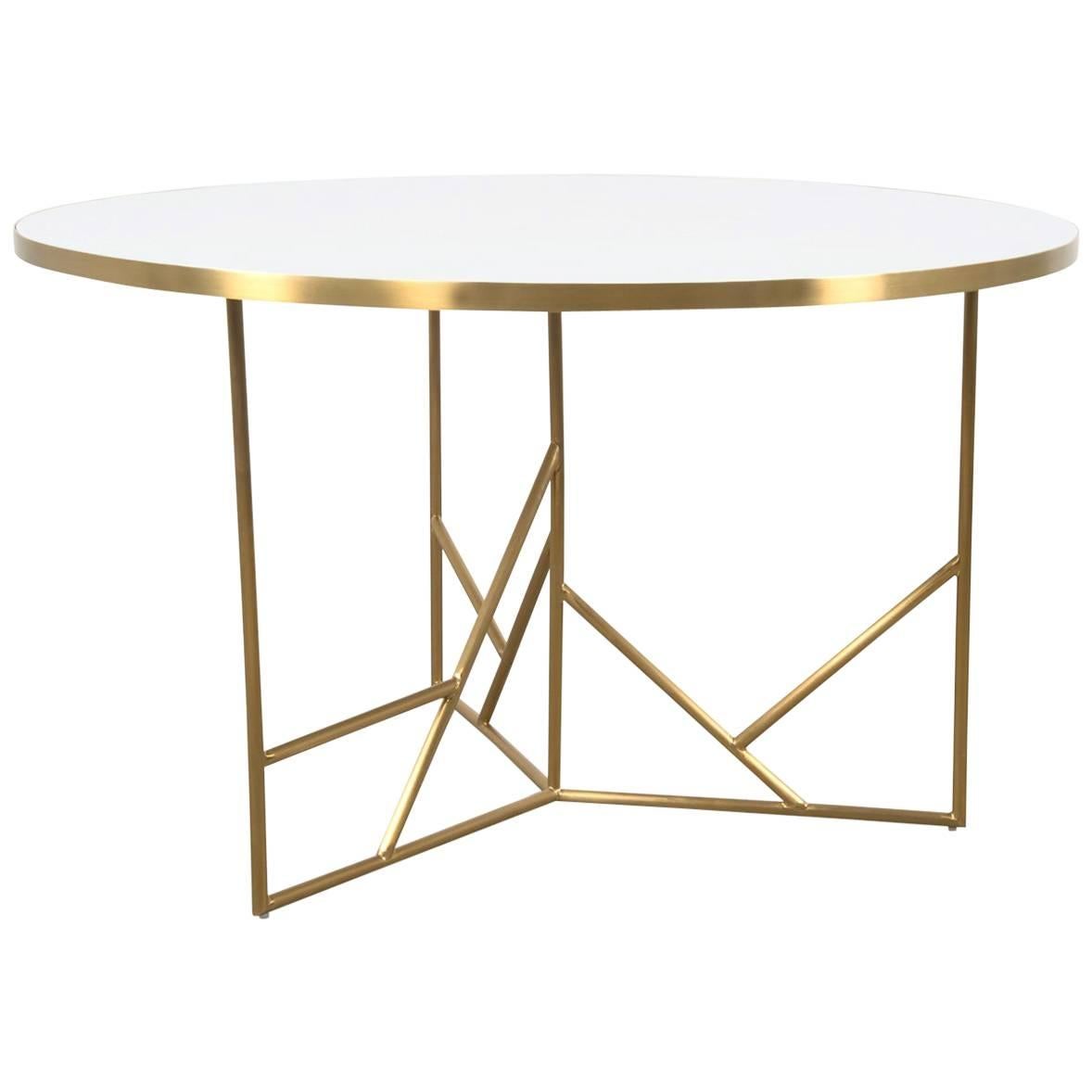 Modern Midcentury Dining Table White Concrete Top and Geometric Brass Legs