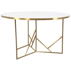 Modern Midcentury Dining Table White Concrete Top and Geometric Brass Legs