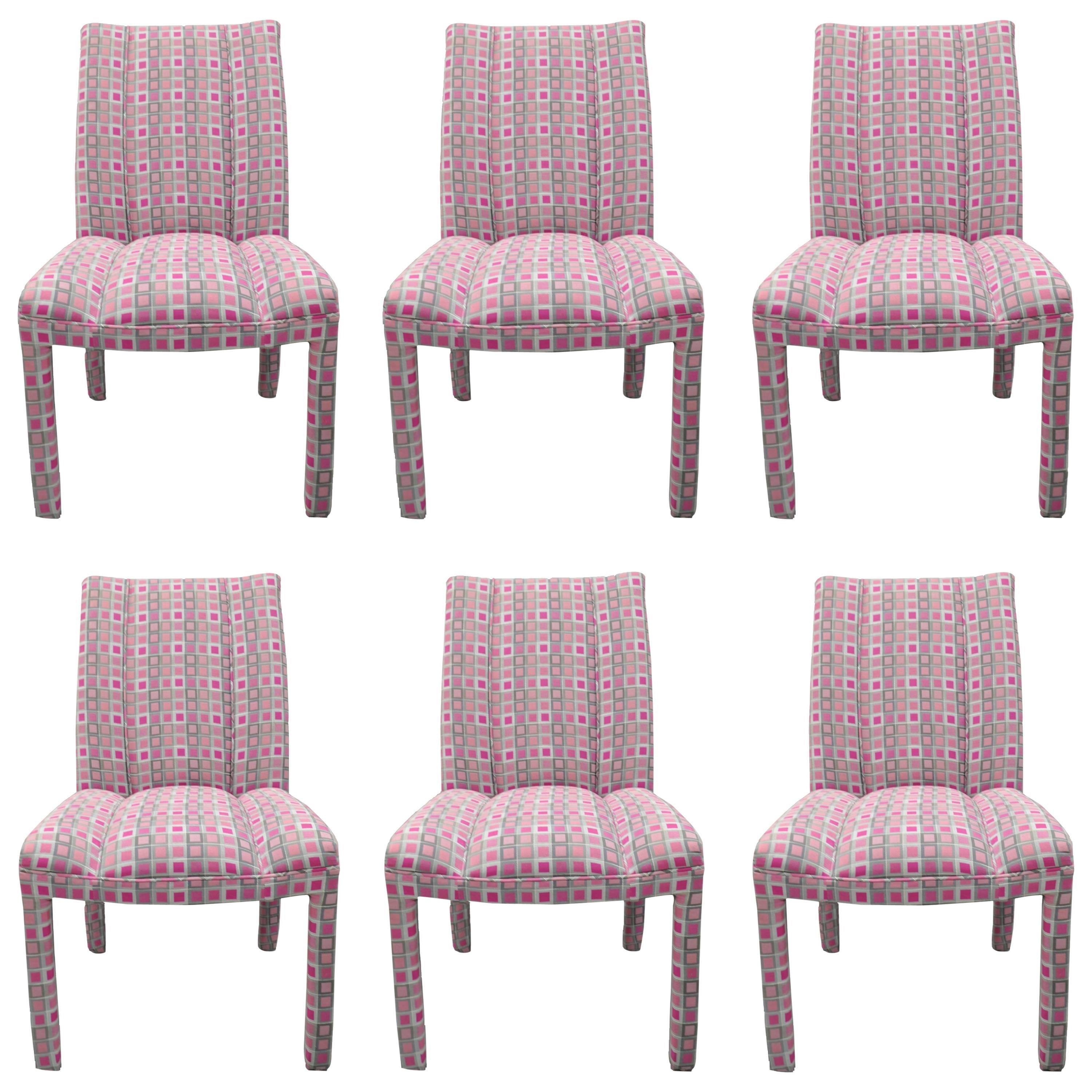 Six Upholstered Parsons Style Dining Chairs Hollywood Regency Pink and Sliver