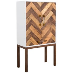 Modern Bar Cabinet Lucite Pulls, Walnut Base & Chevron Pattern Drawer & Shelving