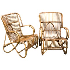 Pair of Midcentury Rattan and Bamboo Lounge Chairs by Rohe Noordwolde