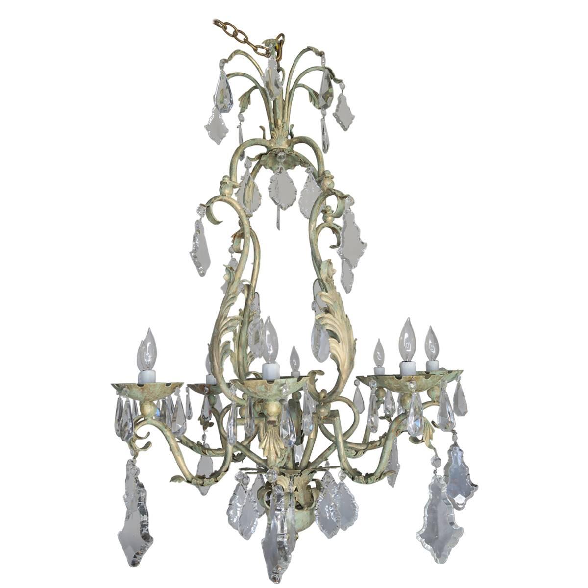 French Wrought Iron and Crystal Painted Chandelier, circa 1930