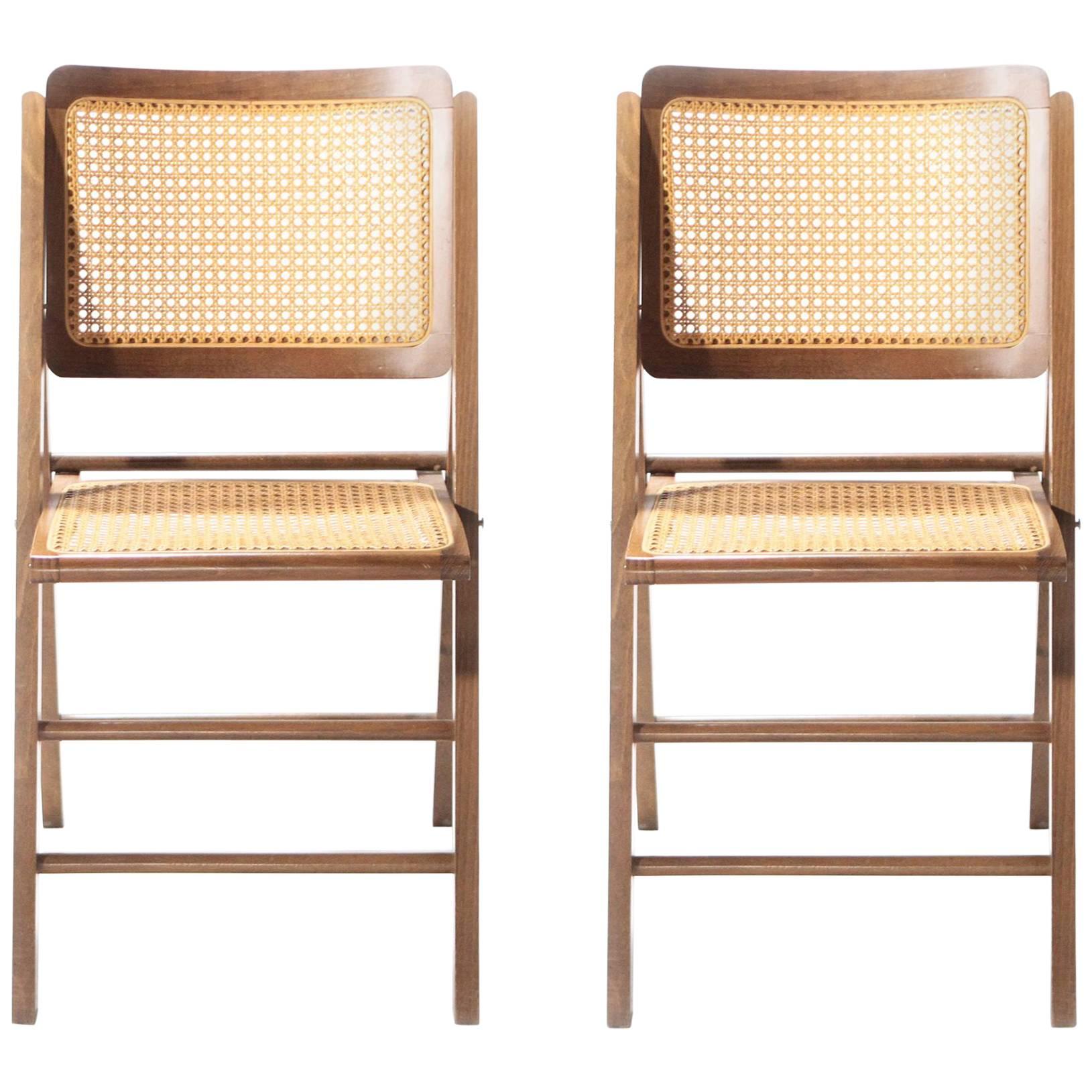 Pair of Caned Folding Chairs, 1950s