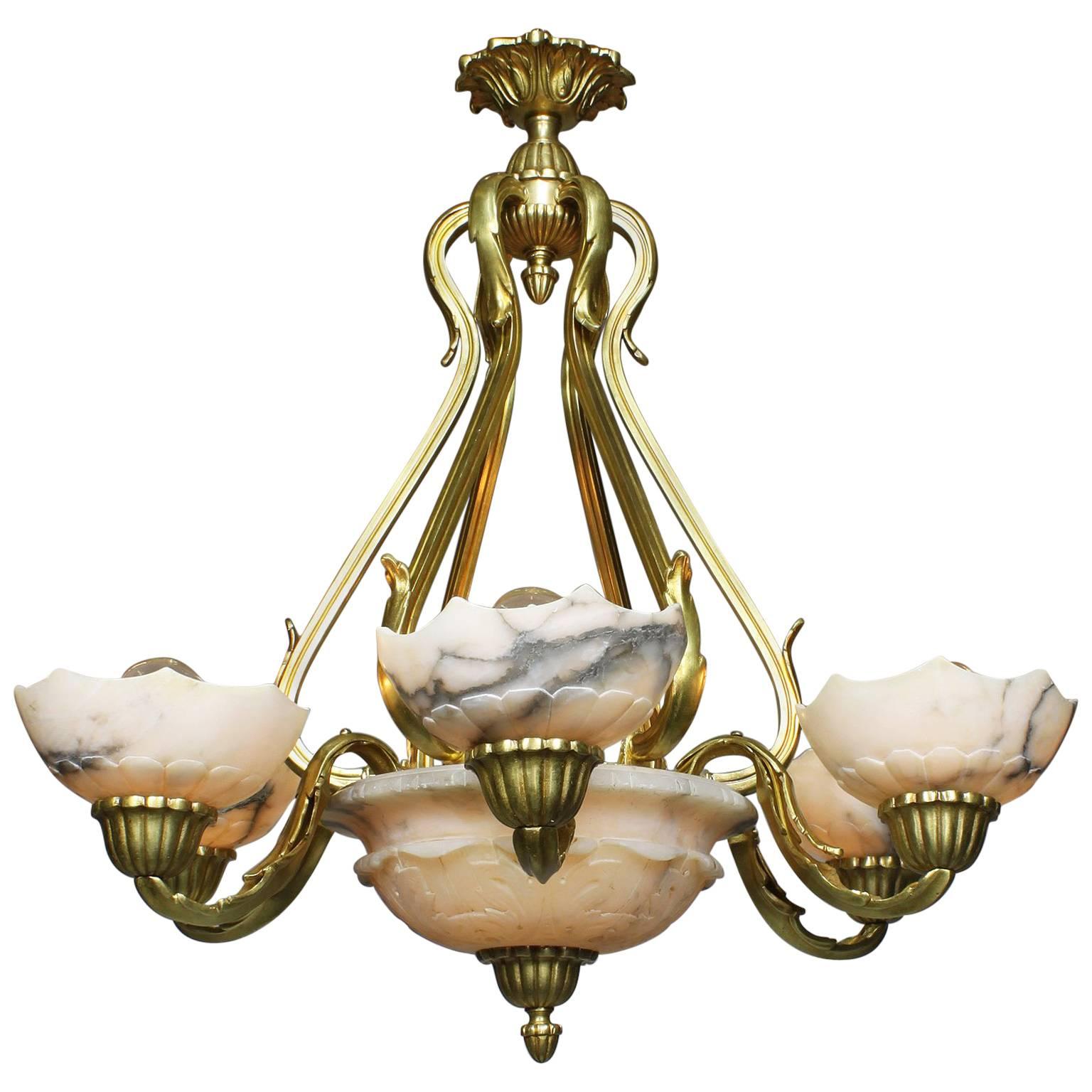 French Art Deco Gilt Bronze and Carved Alabaster Seven-Light Chandelier