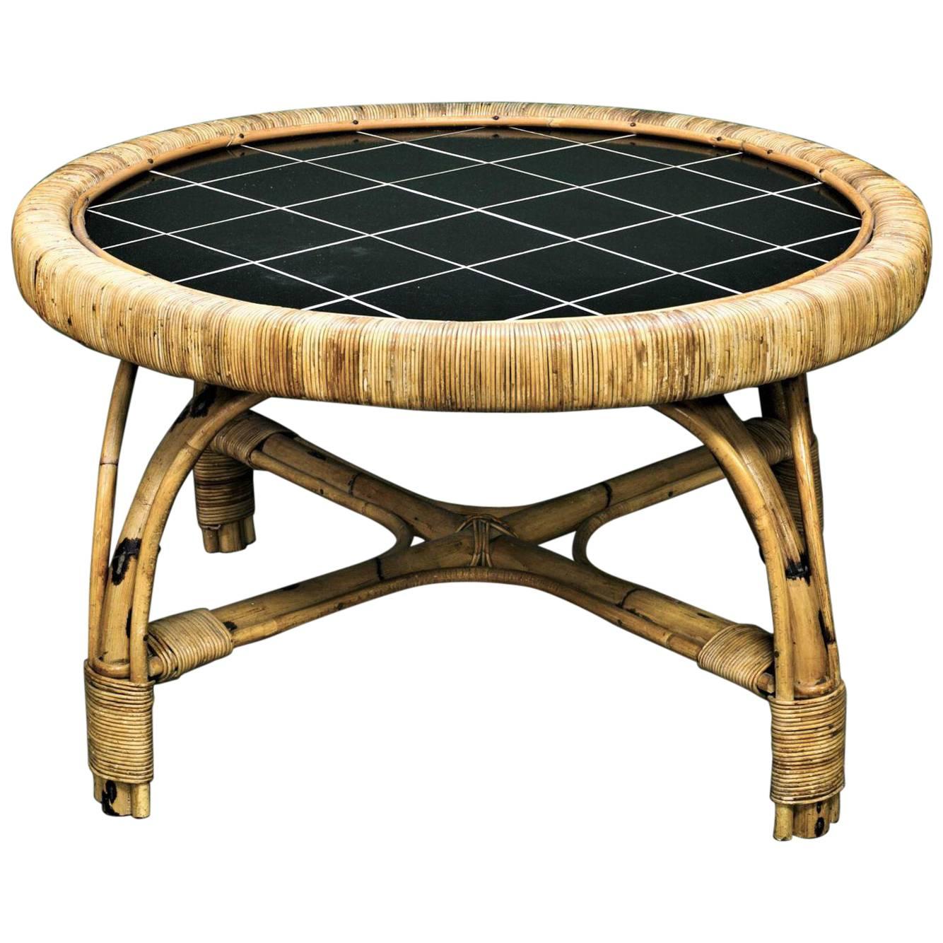 Mid Century Round French Rattan and Tortoise Bamboo Coffee Table with Tile Top