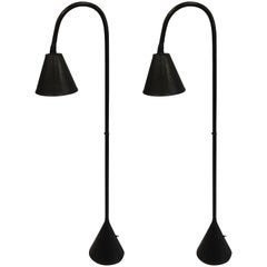 Pair, French Midcentury Hand-stitched Black Leather Floor Lamps by Jacques Adnet