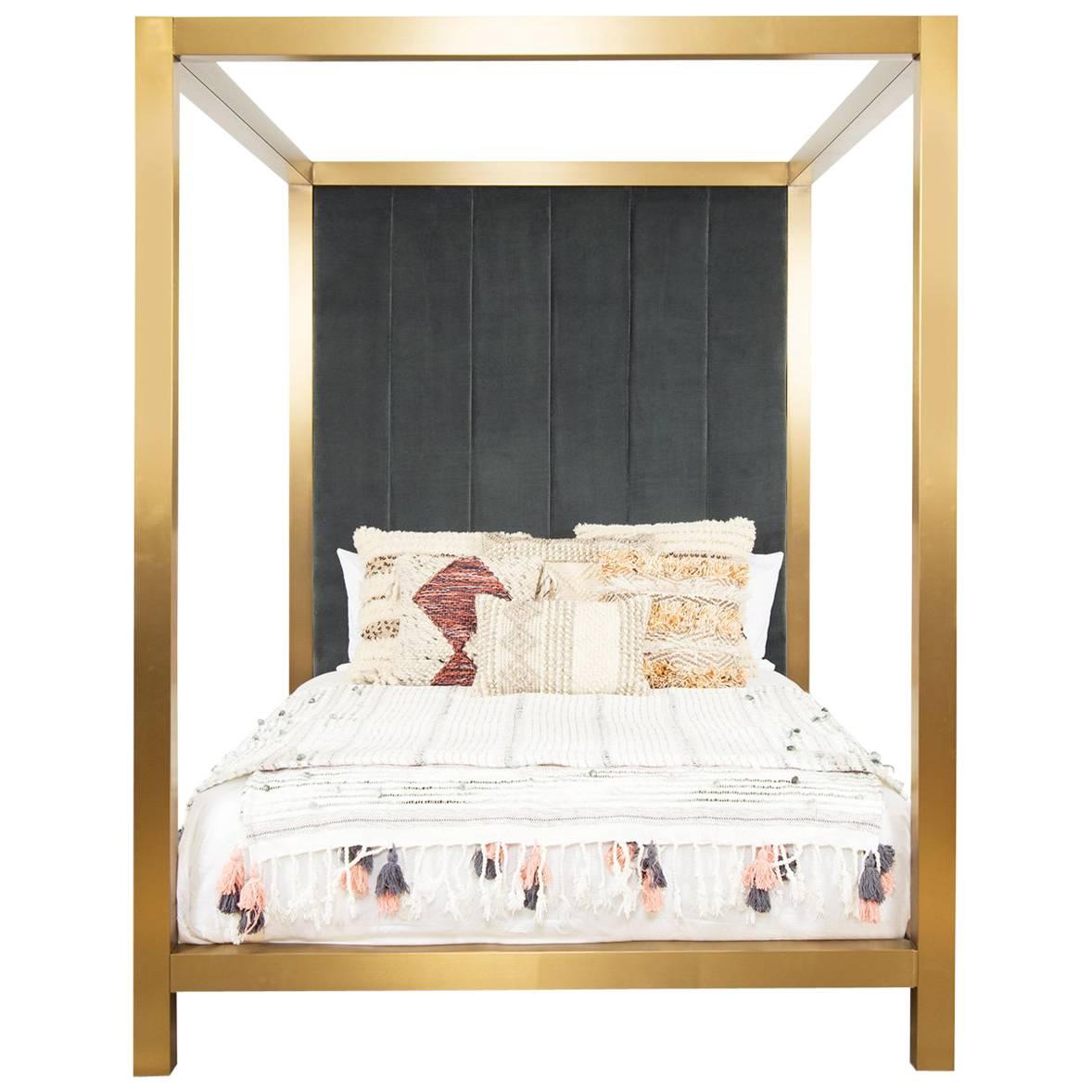 Modern Brushed Brass Four-Poster Queen Bed with Channel Tufted Velvet Headboard For Sale