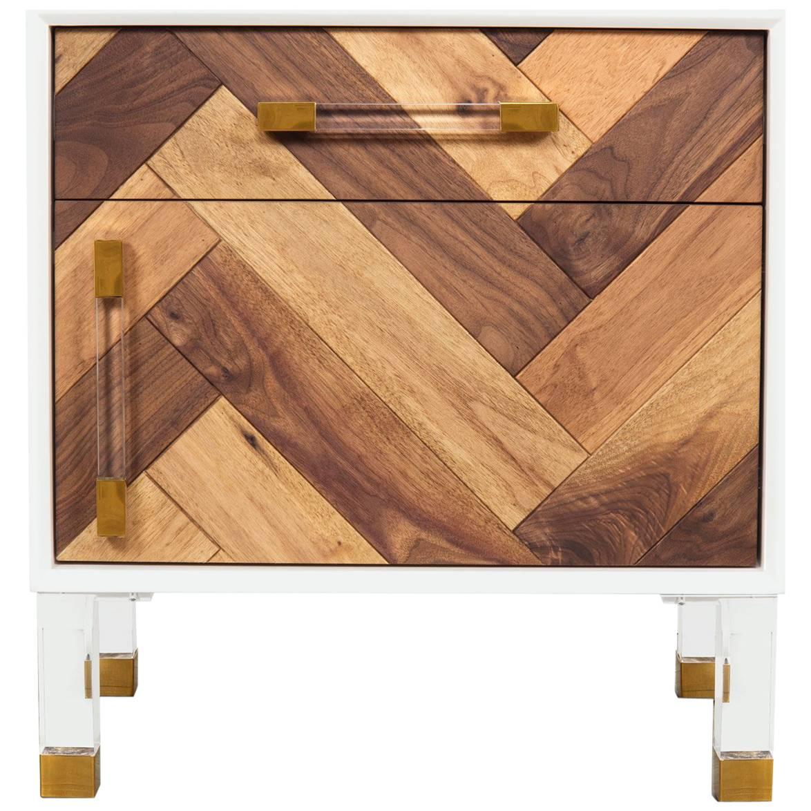 Modern Oiled Walnut Herringbone Side Table with Brass and Lucite Legs and Pulls