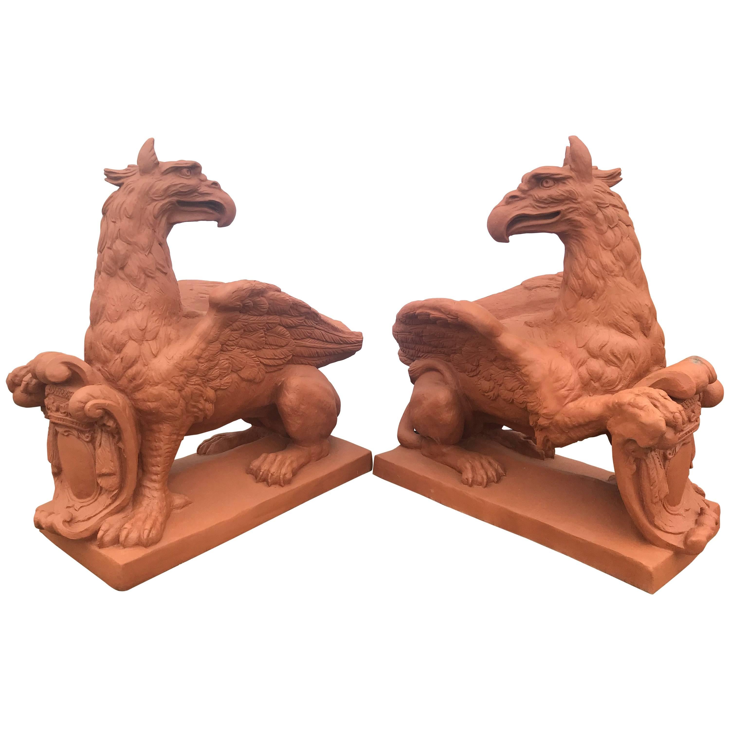 Pair of Monumental Outdoor Opposing Winged Full Bodied Terracotta Gargoyles