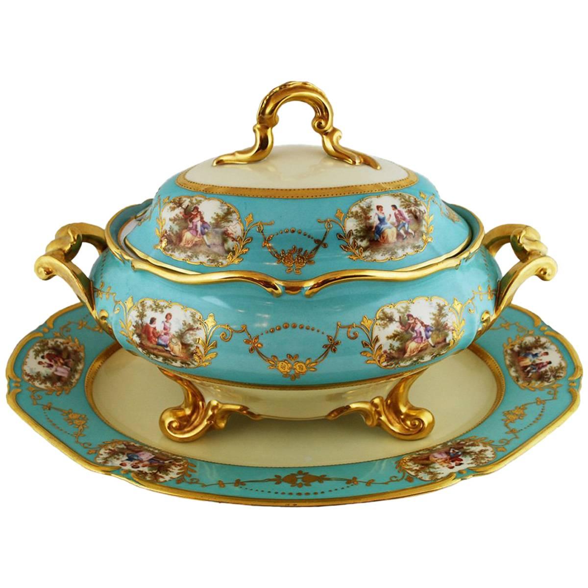 Large Aqua Blue Soup Tureen Underplate Thomas Bavaria, circa 1930 For