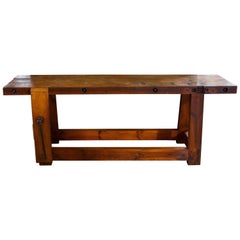 Long Rustic Industrial Wood Work Bench from Belgium, circa 1920