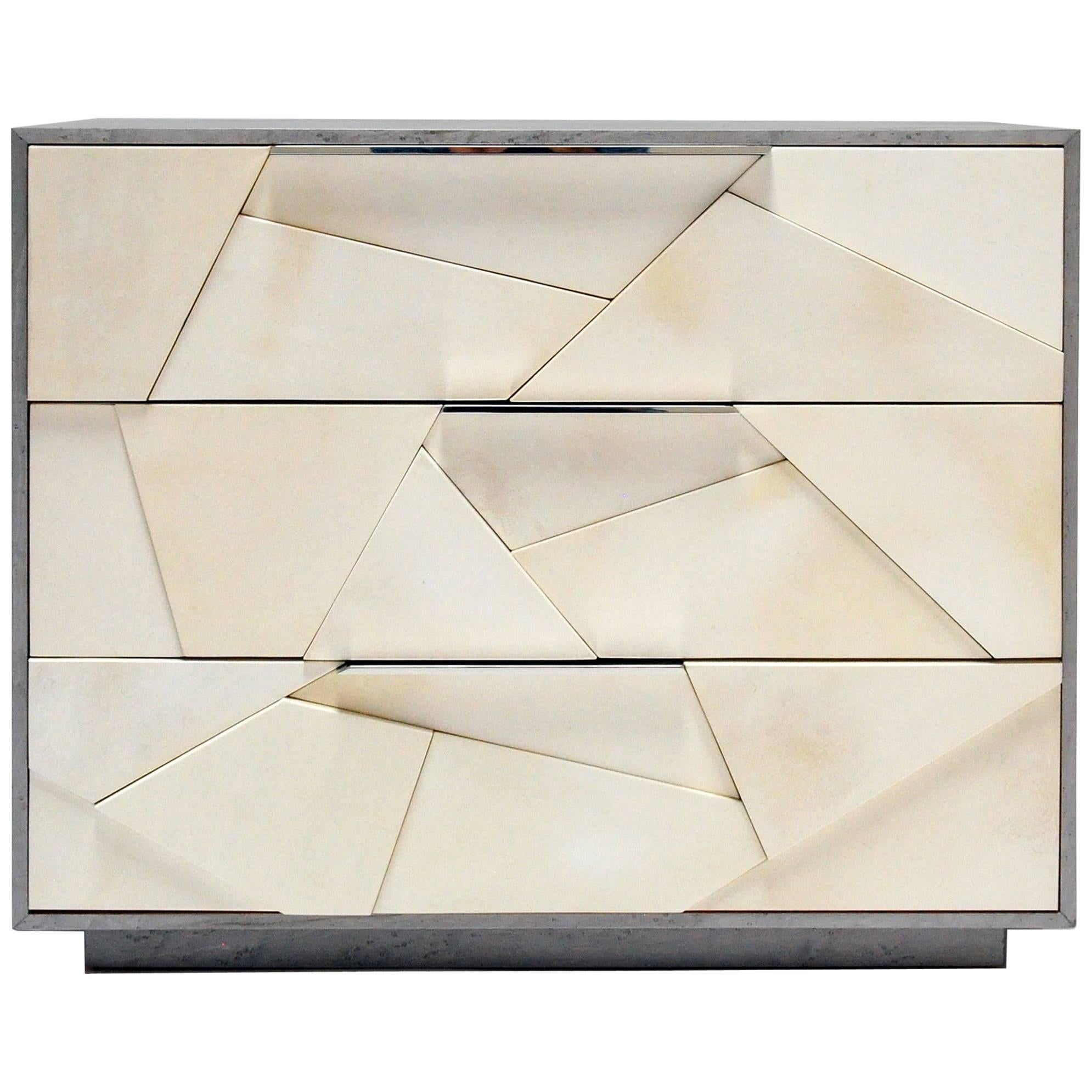 Cubist Nightstand in Silver Birdseye Maple and Parchment with Nickel Pulls For Sale