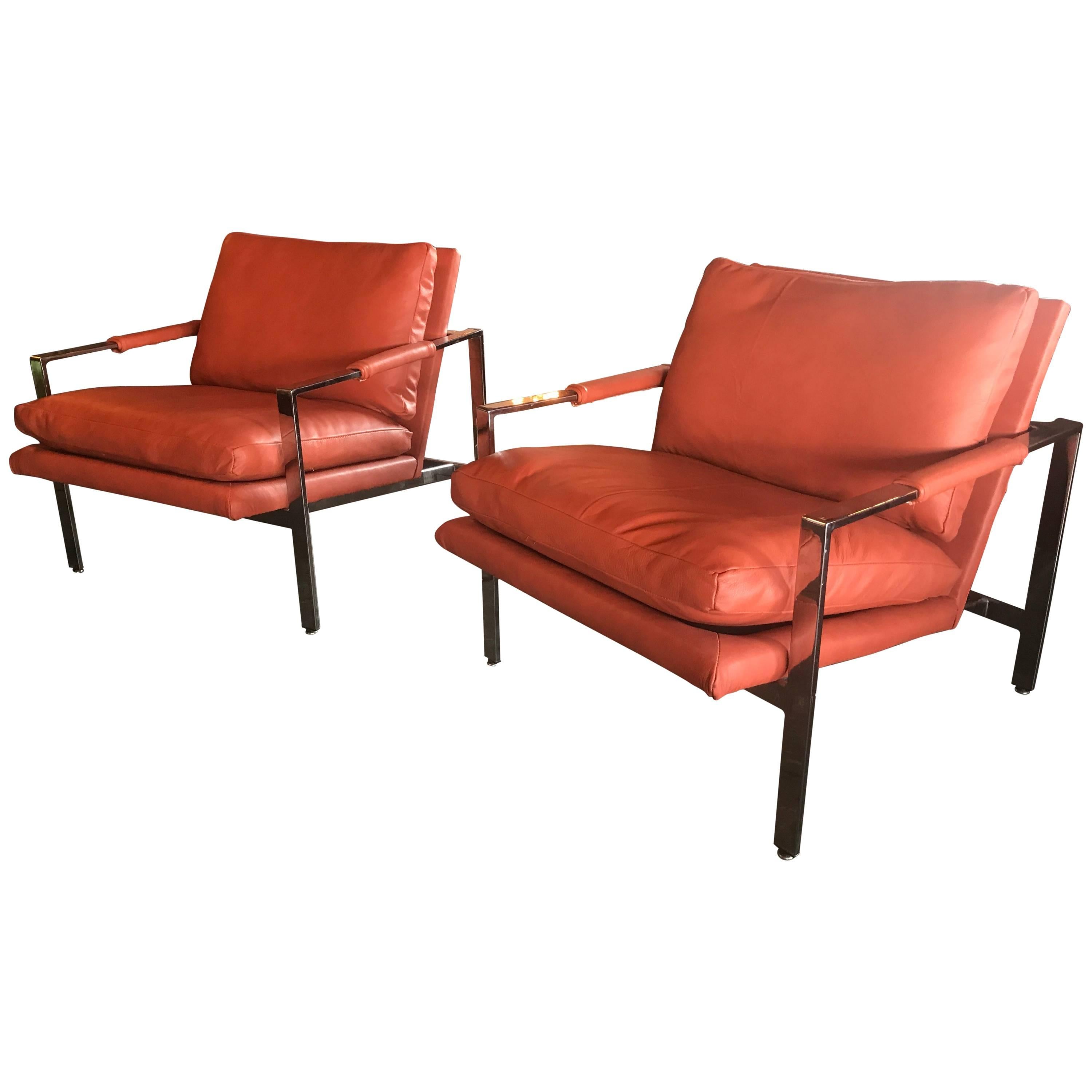 Milo Baughman Thayer Coggin Chrome Lounge Chairs in Leather