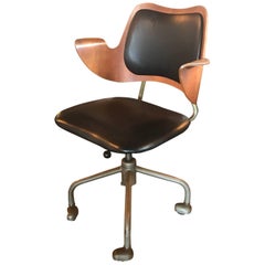 Early Hans Olsen Leather and Bentwood Office Chair on Casters