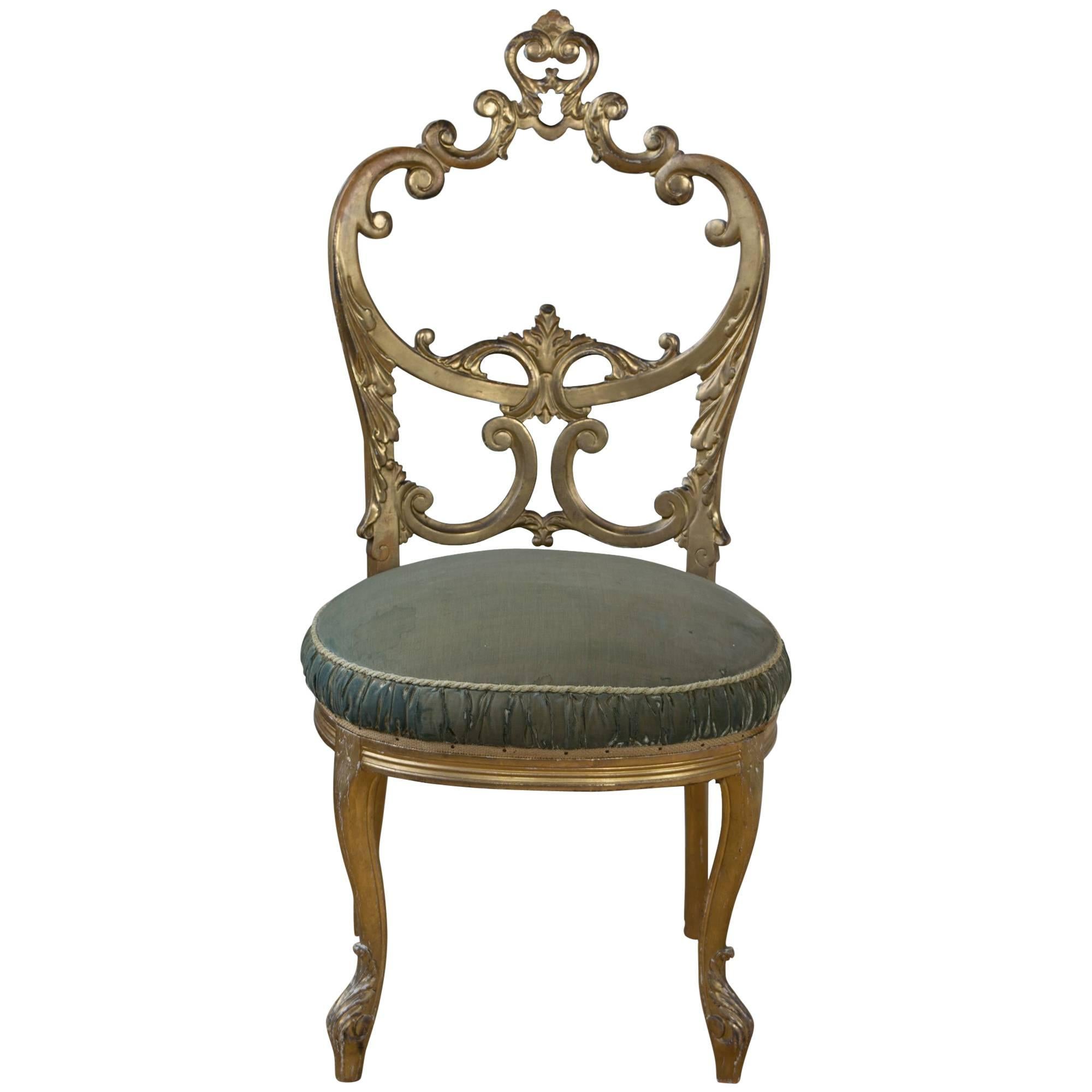 French Gilded Salon Chair with Open Carved Back Round Velvet Seat