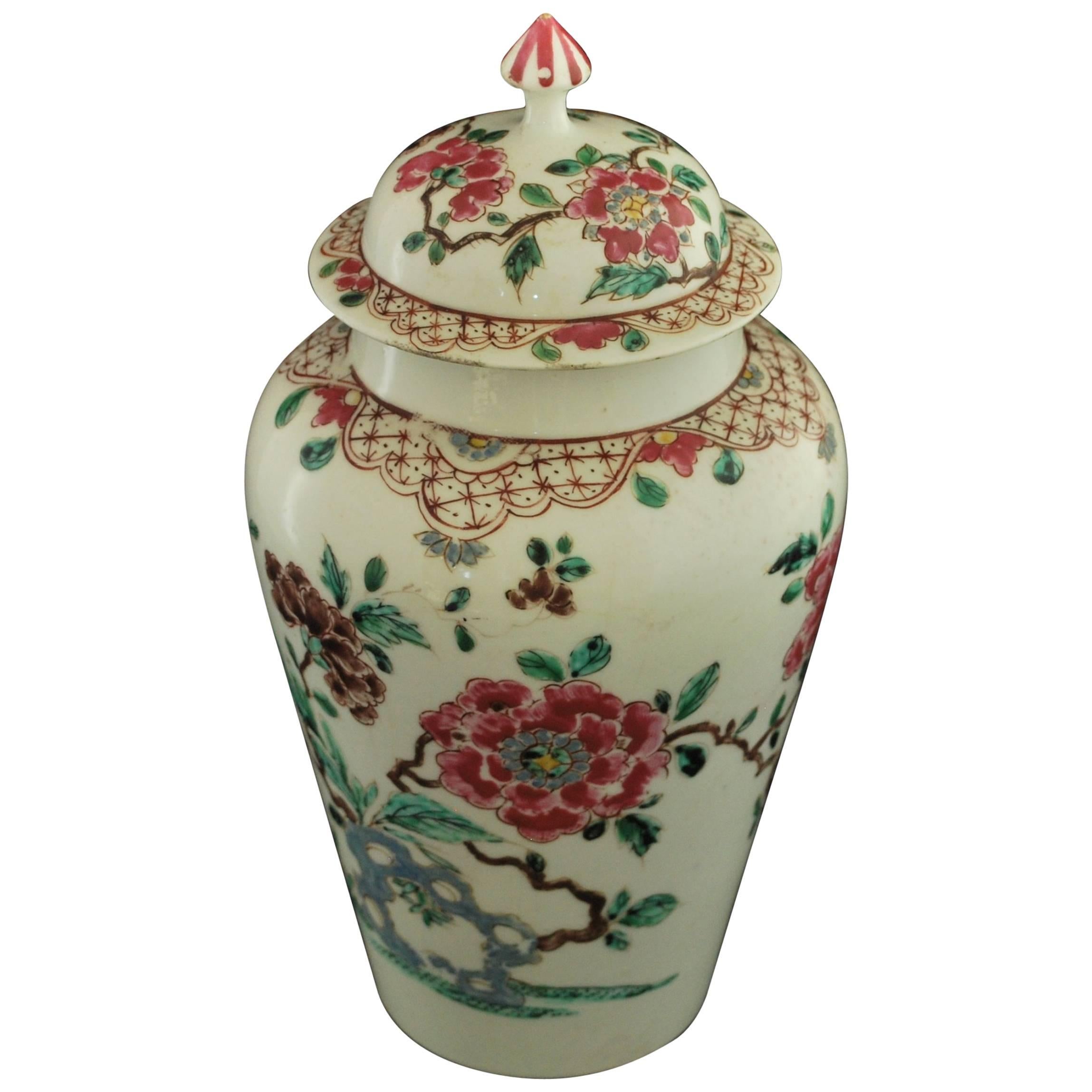 Covered Vase, Famille Rose Decoration, Bow Porcelain Factory, circa 1749 For Sale