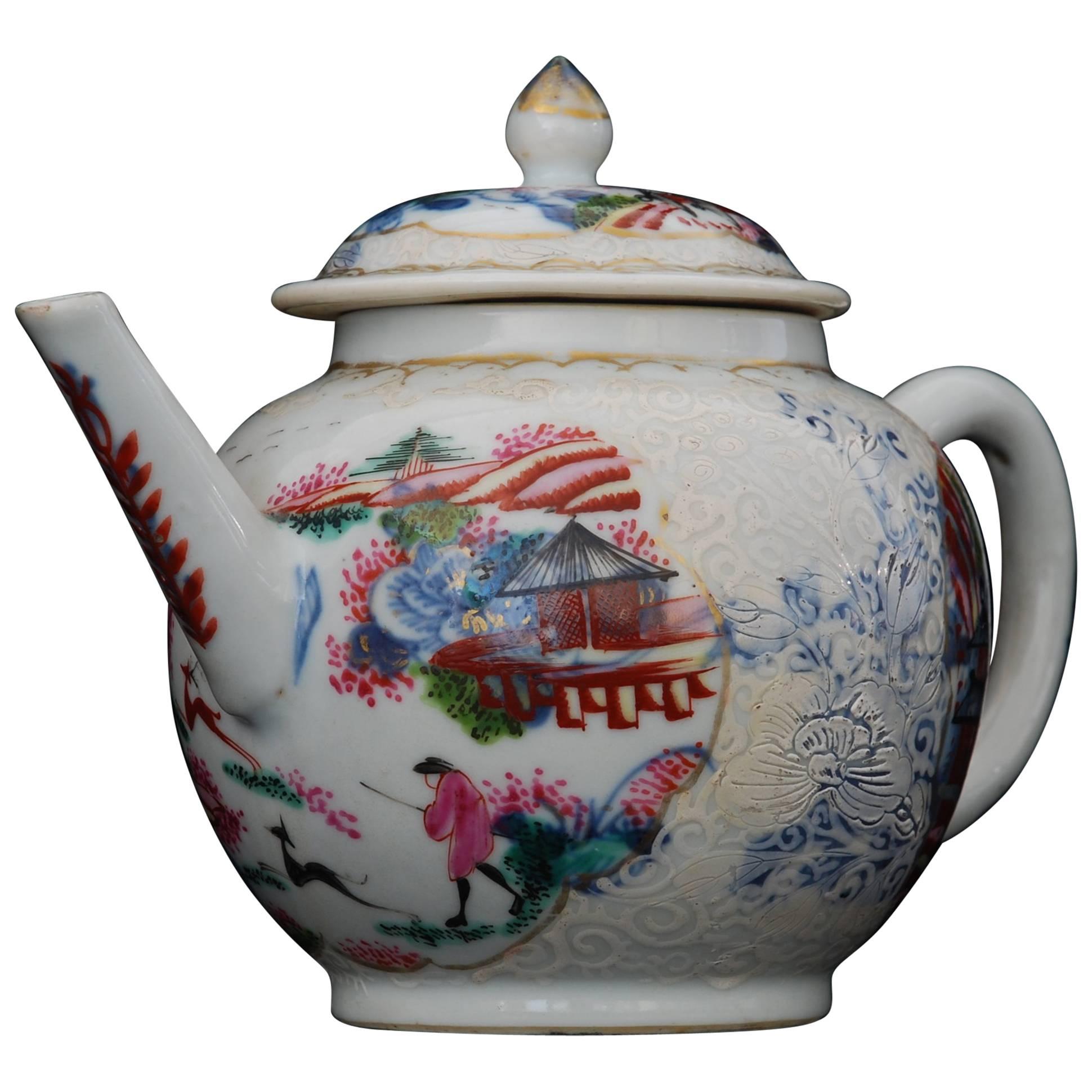 Teapot, Stag Hunt Pattern, China, circa 1740, Decorated in London by Giles For Sale