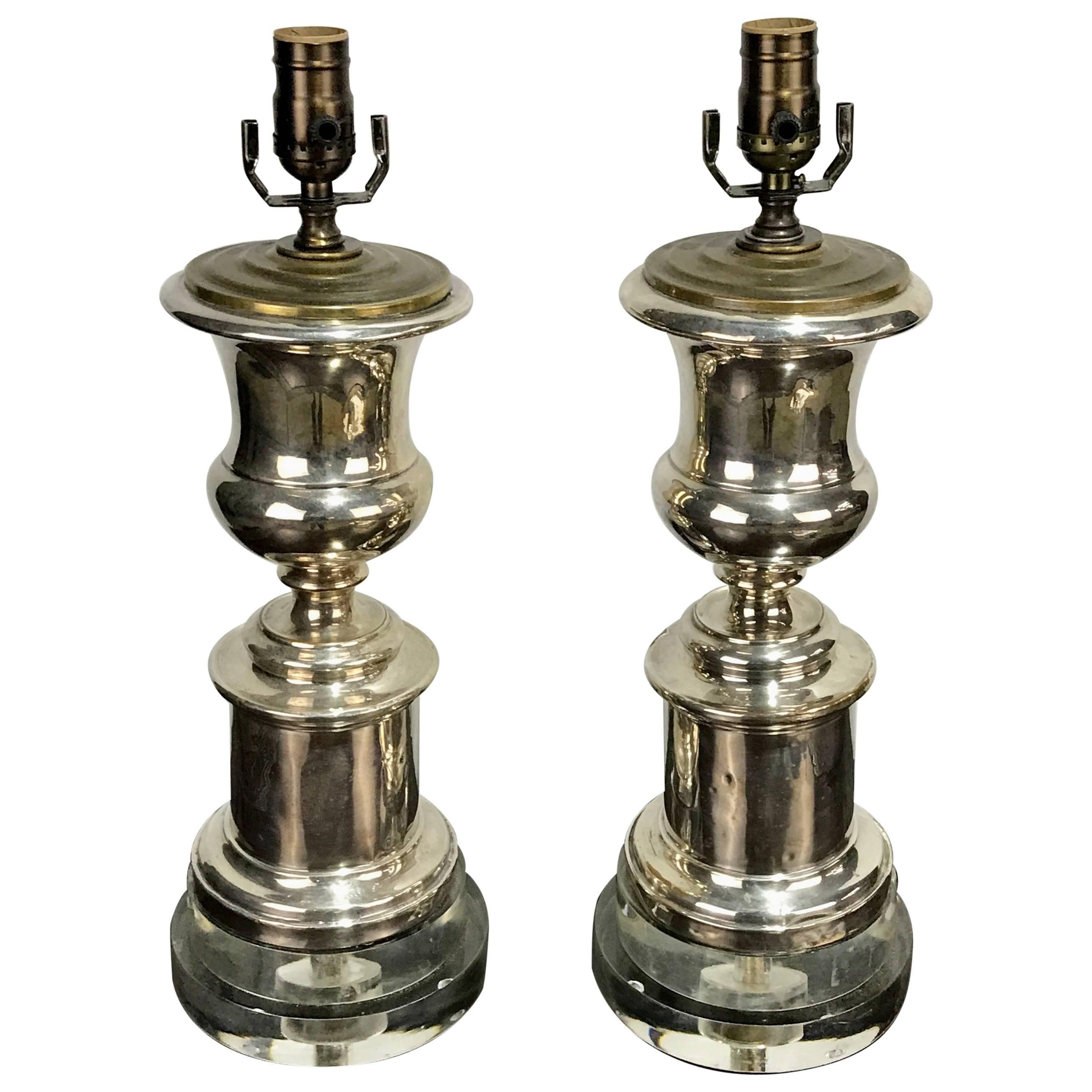 Pair of English Regency Silver Plated Urns Now as Lamps