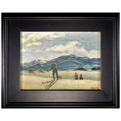 Vintage Skiing in Sun Valley, Oil Painting on Canvas Signed Abrams, circa 1938