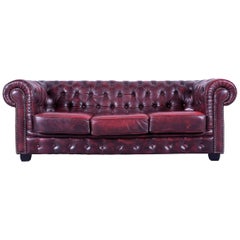 Chesterfield Sofa Oxblood Red Three-Seat Couch Vintage Retro Handmade Rivets