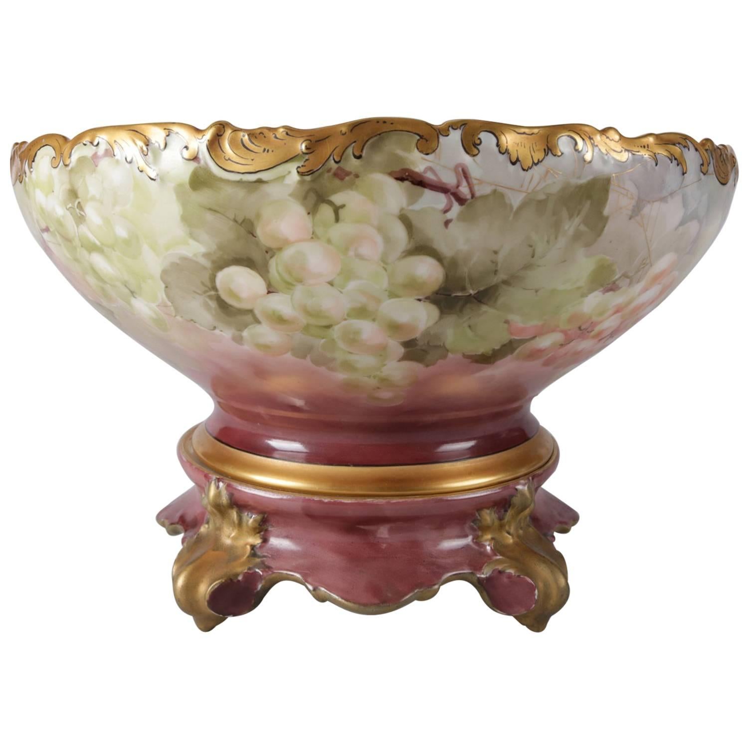 Antique French Tressemanes Vogt Hand-Painted, Gilt Limoges Porcelain Punch Bowl