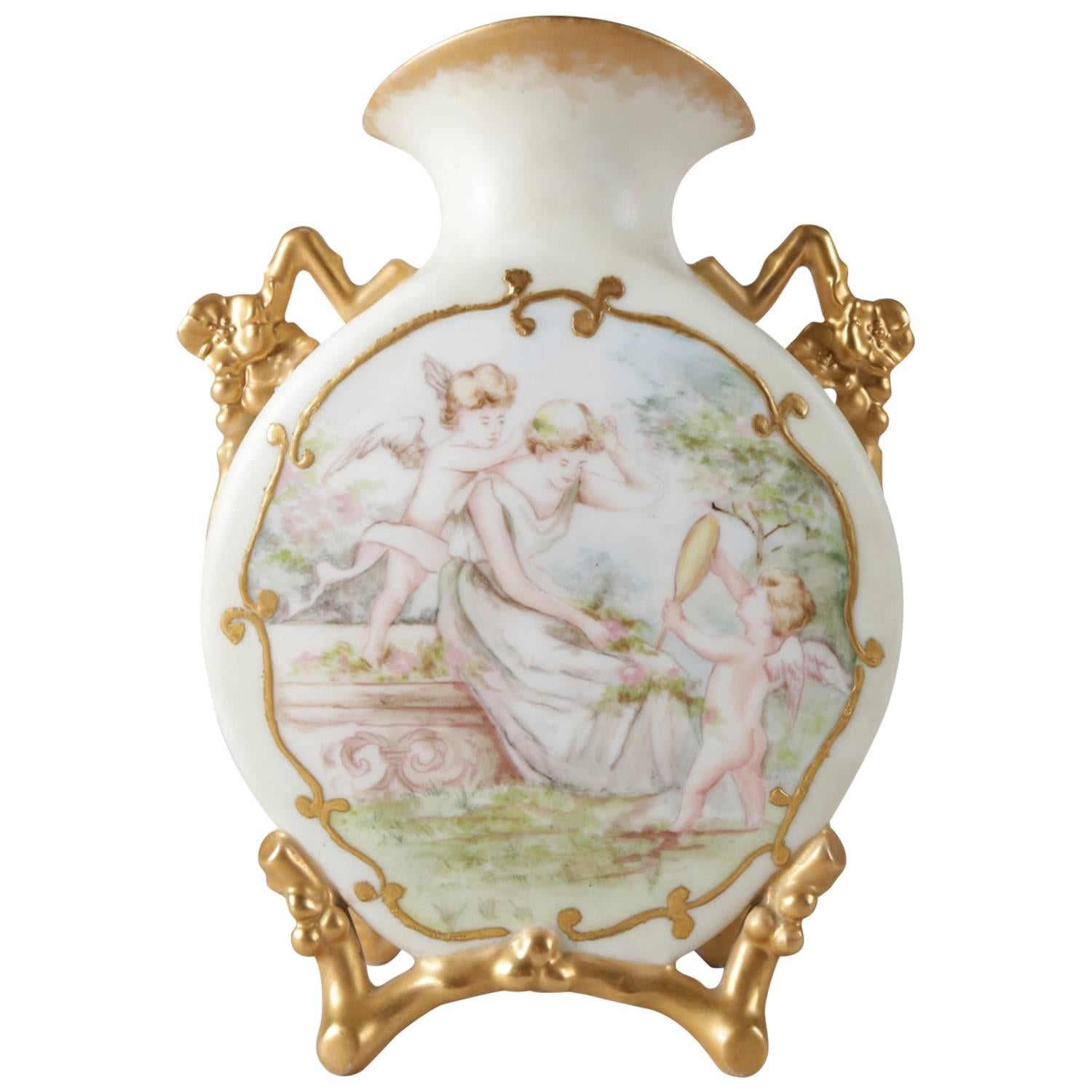 French M Redon Limoges Classical Hand-Painted and Gilt Artist Signed Vase
