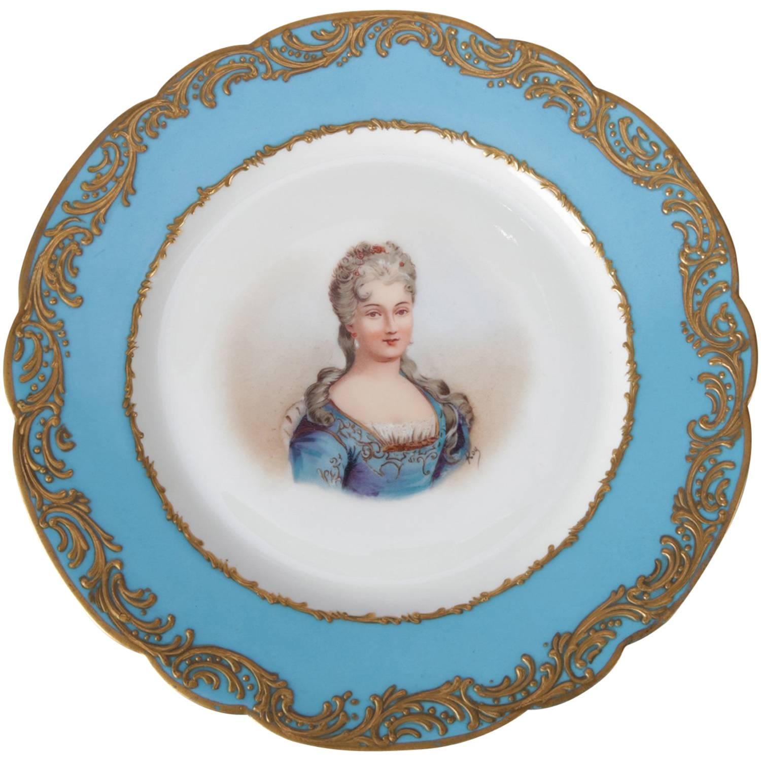 Antique French Sevres Hand-Painted & Gilt Porcelain Artist Signed Portrait Plate