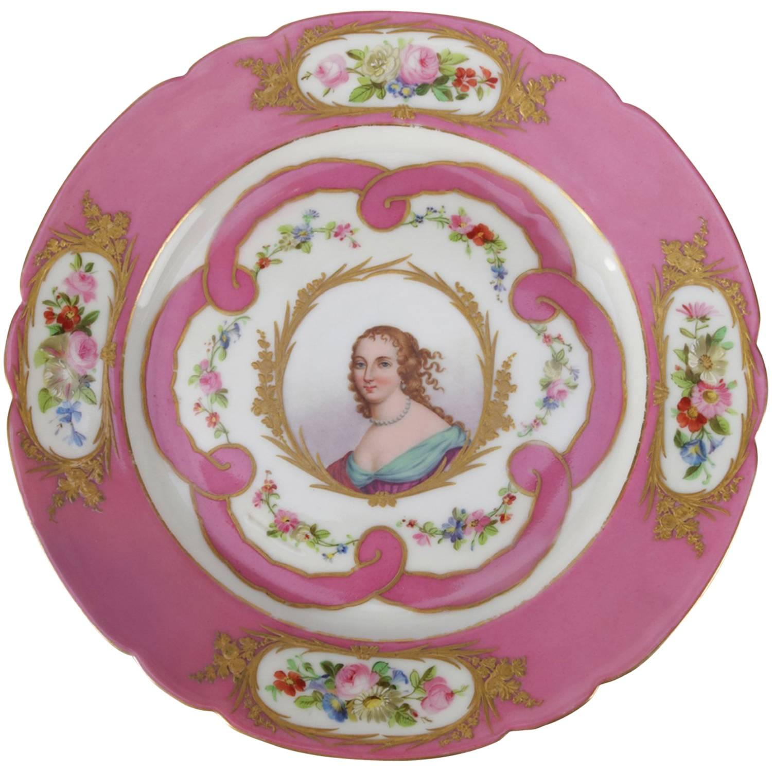 Antique French Sevres Hand-Painted and Gilt Porcelain Signed Portrait Plate