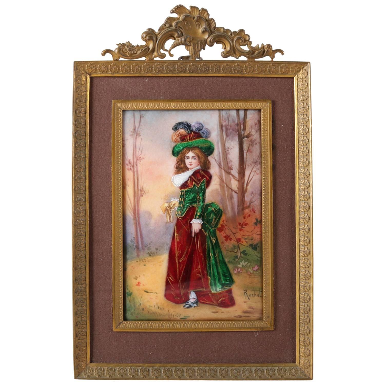 French Victorian Enamel on Copper Gibson Girl Portrait Plaque, Signed Rochat