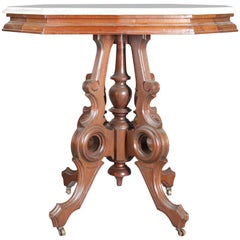 Vintage Victorian Eastlake Carved Walnut and Marble Parlor Table, 19th Century