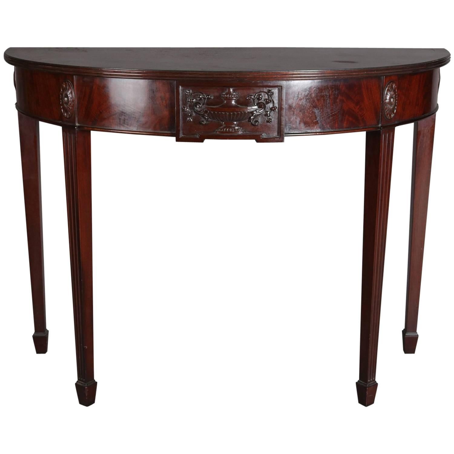 Hepplewhite Style Classical Carved Flame Mahogany Banded Demilune Console Table