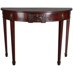 Hepplewhite Style Classical Carved Flame Mahogany Banded Demilune Console Table