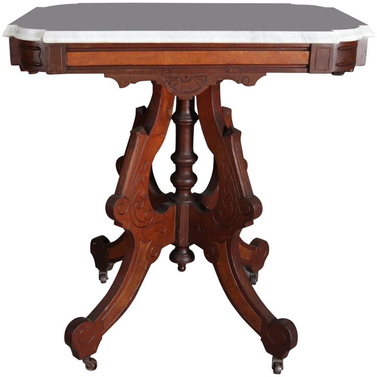 Victorian Eastlake Carved Walnut, Burl and Marble Side Table, 19th