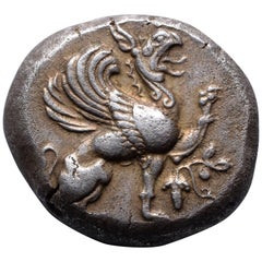 Pièce de monnaie grecque ancienne en argent représentant un statère de Griffon:: provenant de Teos:: 510 av