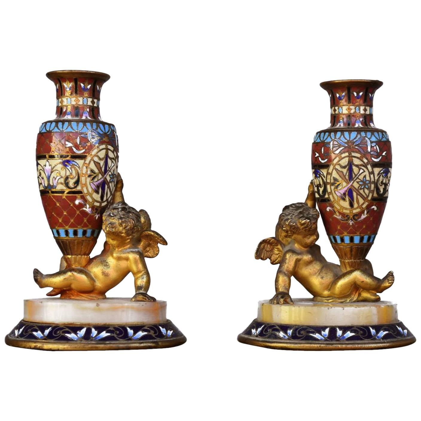 Pair of "Soliflore" Holders, with Cherubs Made of Gilded Bronze and Cloisonné For Sale