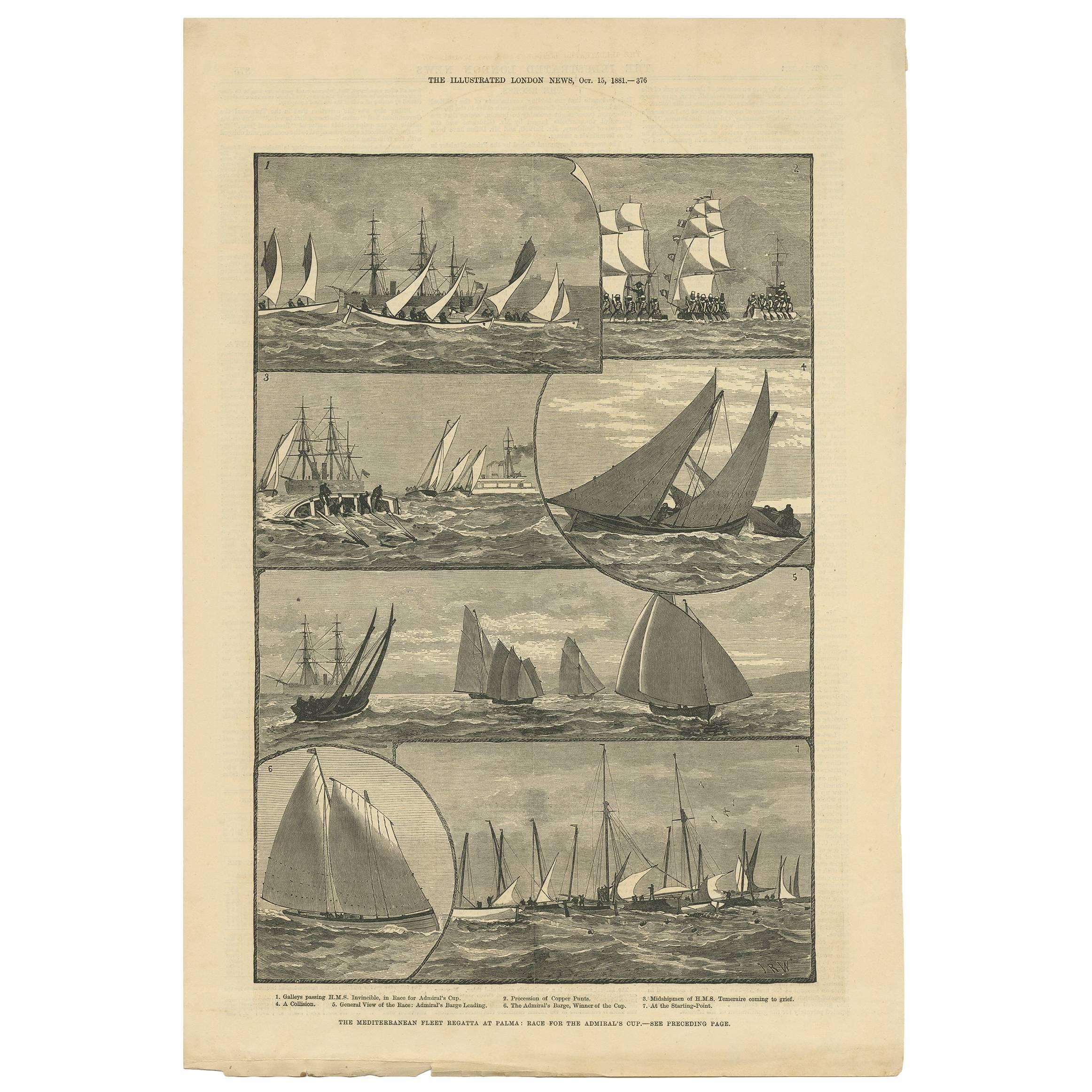 Antique Print of the Mediterranean Fleet Regatta at Palma, 1881 For Sale