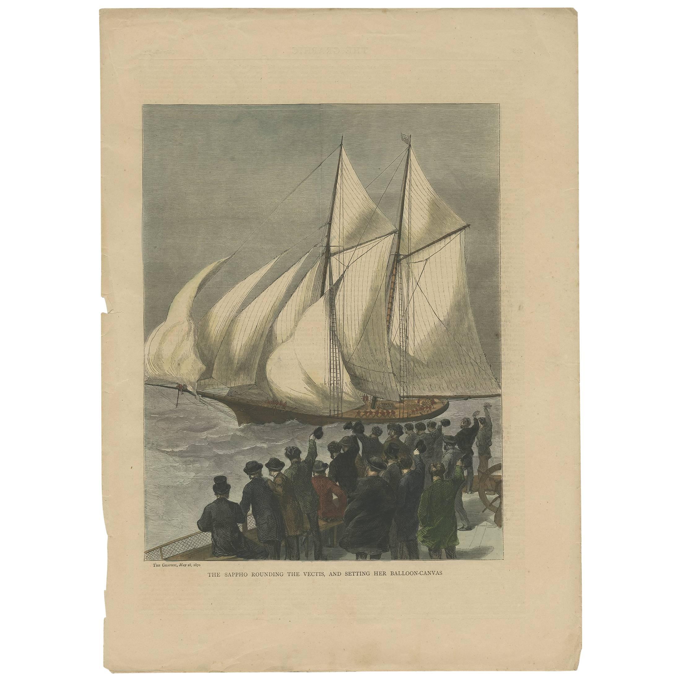 Antique Boat Print of the Sappho Rounding the Vectis by the Graphic, 1870 For Sale