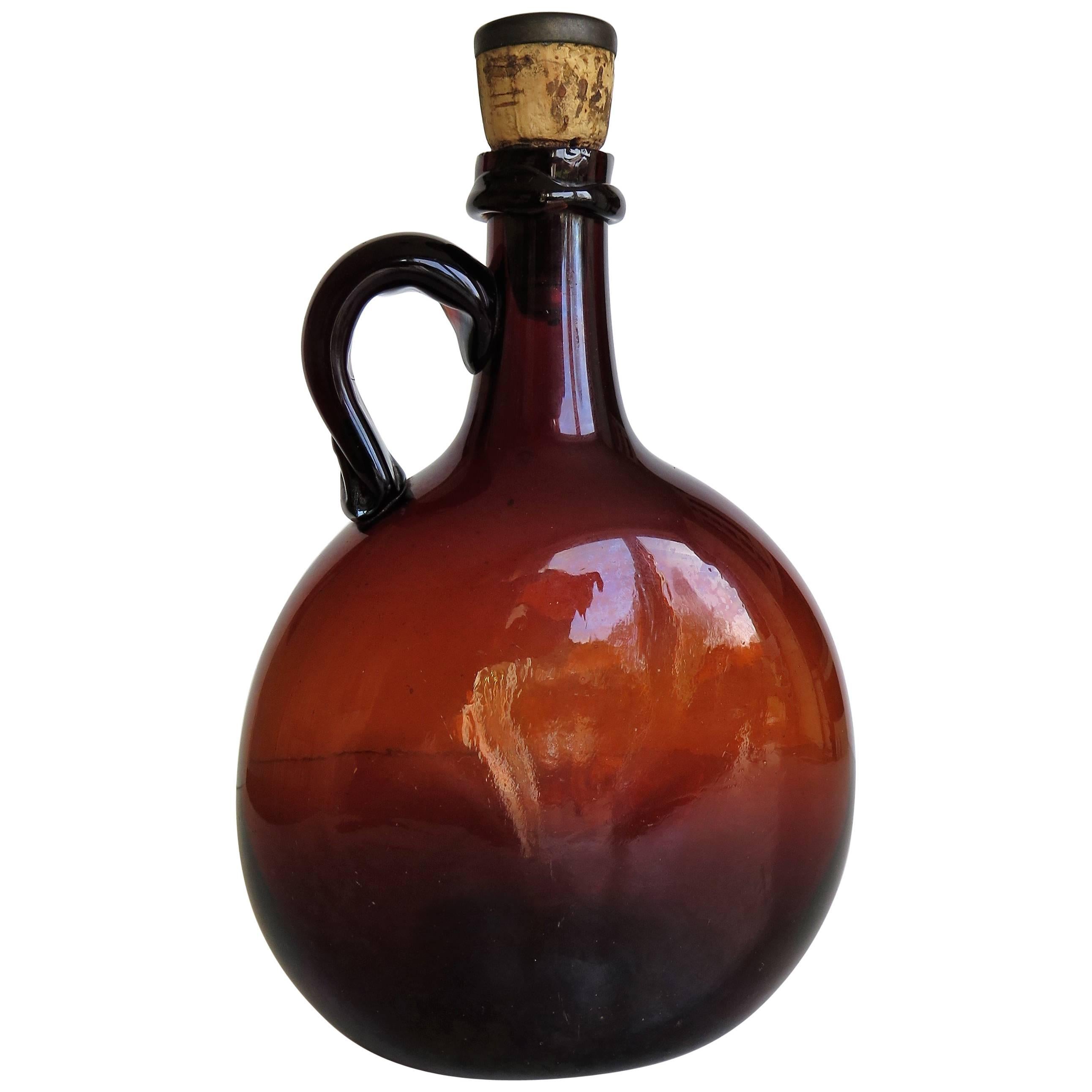 Amber Glass Flagon or Jug with Cork and Metal Stopper Handblown, Ca 1825