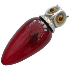 Edwardian Novelty Silver Mounted Red Glass Owls Head Scent Bottle S Mordan, 1904