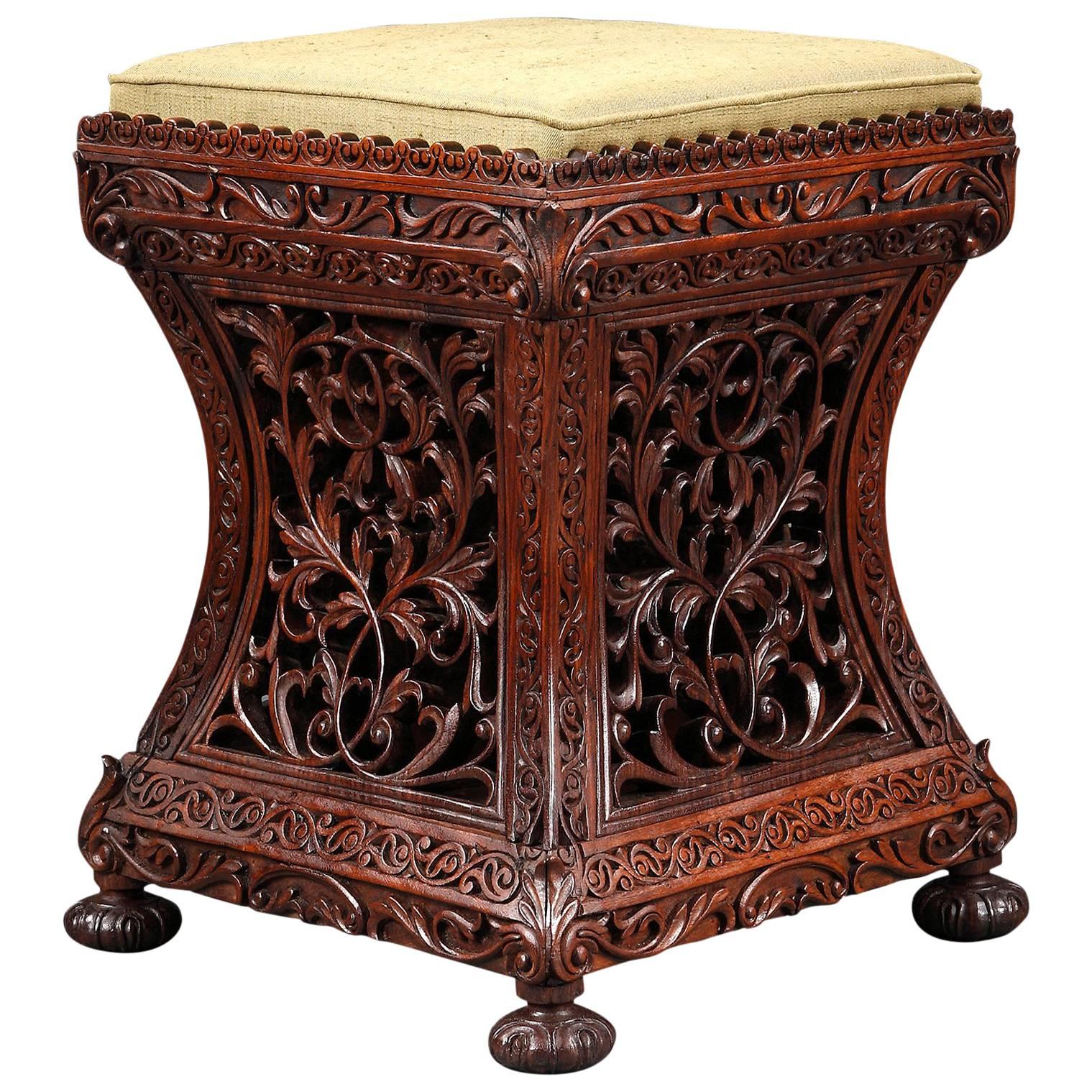 19th Century Anglo-Indian Carved Wood Stool or Seat