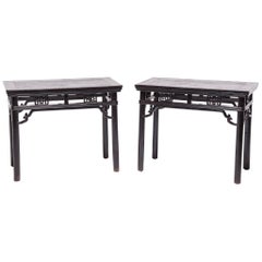 Pair of Chinese Half Tables with Wrap-Around Stretchers