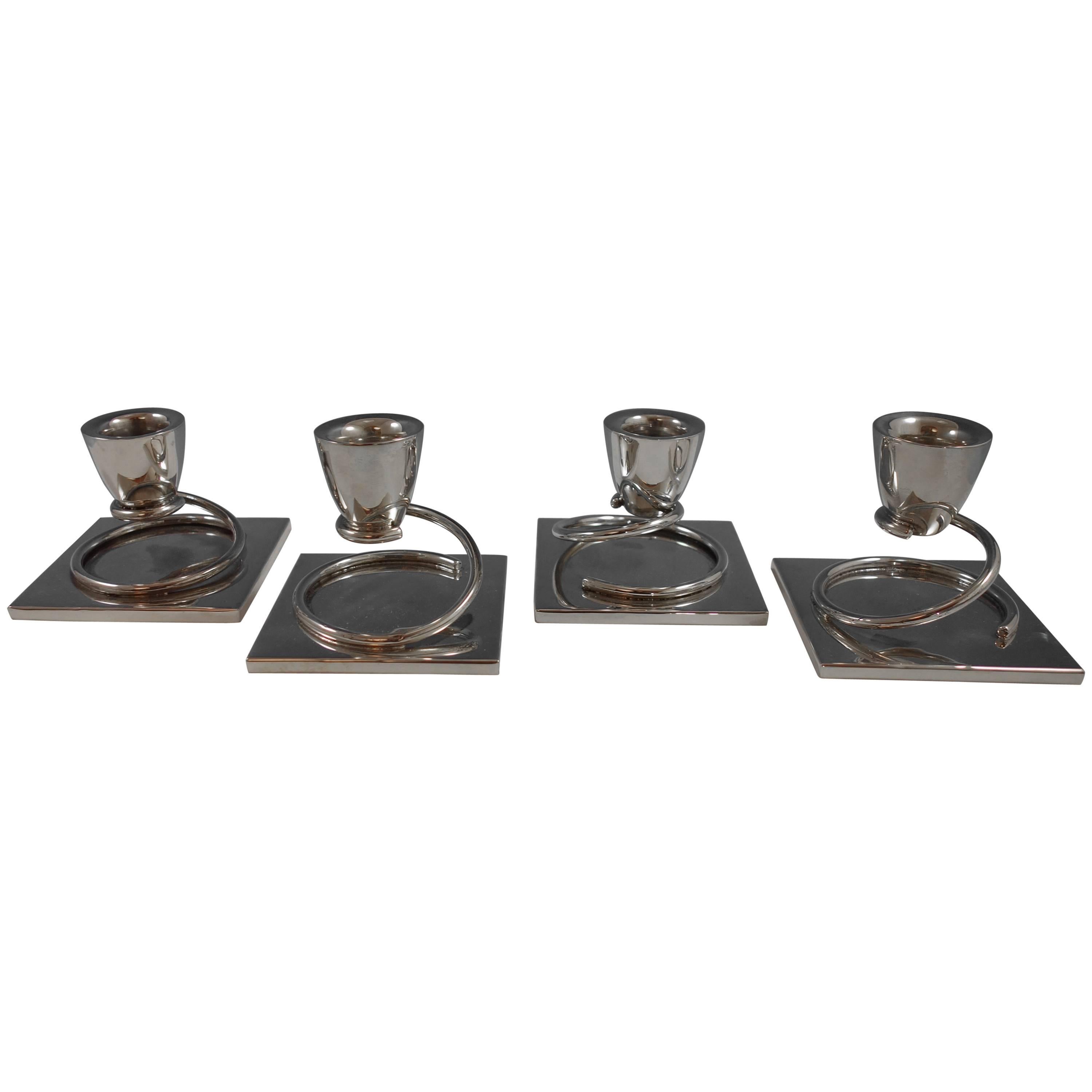 Taxco MV Mexican Mexico Sterling Silver Candleholders Set of Four Pieces, 1970